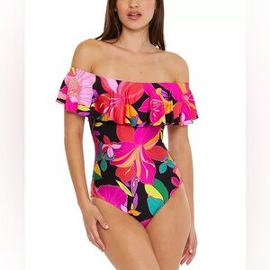 COPY - TRINA TURK Solar Floral Ruffle Off the Shoulder One-Piece Swimsuit in Pi…